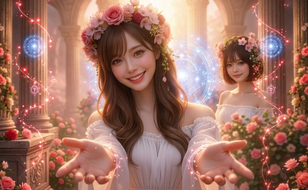 朝のバラ園で、あいみがとろけるような最高の笑顔で読者(誠くん)に一歩近づき、今まさに抱きしめようとする幸せ溢れるFPS視点の写真。背景では美羽が優しく見守っている。