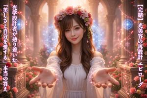 光の神殿でバラの冠を冠った女性エンジニア「あいみ」が、読者を優しく迎え入れるように両手を広げて微笑むFPS視点のドラマチックな写真。背後には光学設計の魔法陣と光の蔦が舞っている。
