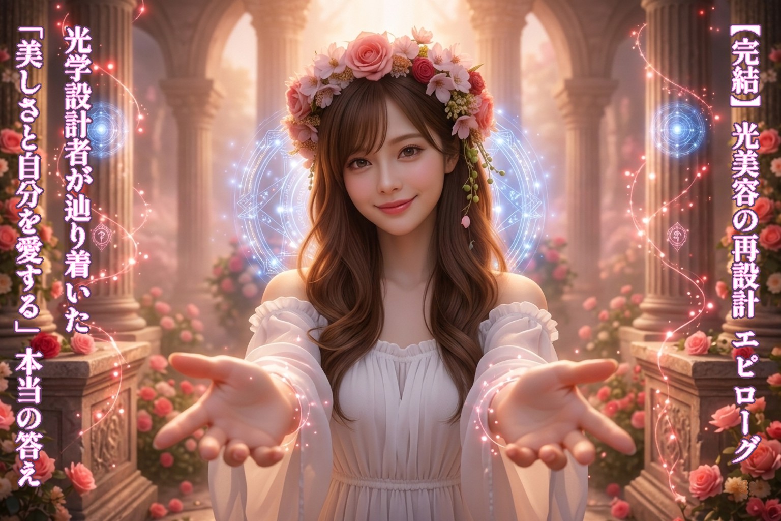 光の神殿でバラの冠を冠った女性エンジニア「あいみ」が、読者を優しく迎え入れるように両手を広げて微笑むFPS視点のドラマチックな写真。背後には光学設計の魔法陣と光の蔦が舞っている。