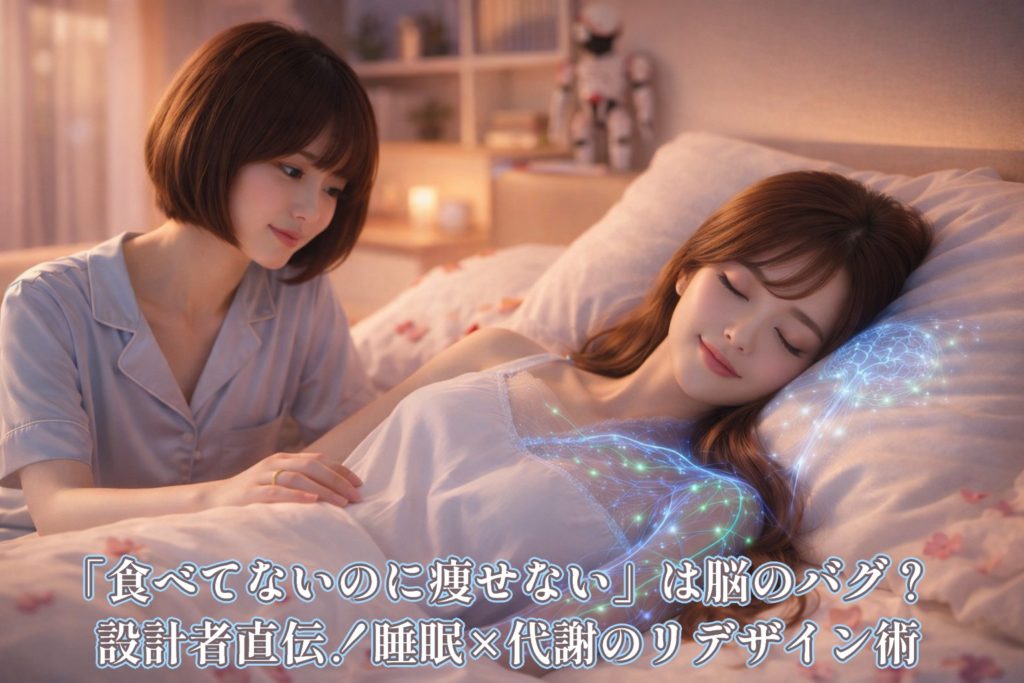 豪華なホテルで、薔薇の花びらが舞う最高級のベッドですやすやと眠る清楚な女性（あいみ）と、彼女を優しく見守る友人（美羽）。枕から涼やかな青白い光のパルスが流れ、彼女の代謝システムを再起動していく様子を美しく描いたアイキャッチ画像。