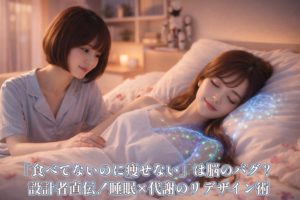 豪華なホテルで、薔薇の花びらが舞う最高級のベッドですやすやと眠る清楚な女性（あいみ）と、彼女を優しく見守る友人（美羽）。枕から涼やかな青白い光のパルスが流れ、彼女の代謝システムを再起動していく様子を美しく描いたアイキャッチ画像。