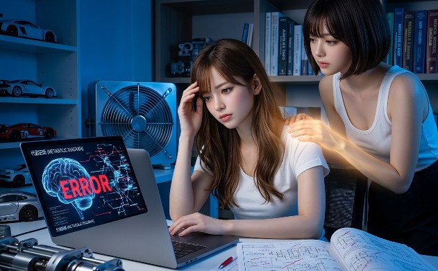 誠の書斎でノートパソコン画面に表示された赤い「ERROR」とバグを起こした代謝図面を前に、頭を抱えて疲れた表情のあいみ。美羽が背後から優しく肩に手を置き寄り添う、脳のバグに直面する様子を描いた写真。