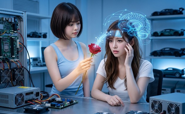 精密機器と冷却ファンが回る無機質な空間で、頭に冷却パッチを当てて冷たい表情のあいみ。美羽が隣に立ち、薔薇から涼やかな氷の粒子のような光のパルスを冷却パッチへ流し、脳を冷却して脂肪を燃やす様子を描いた写真。