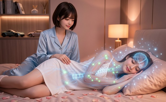 豪華なベッドで、枕元の冷却システムに安らかに頭を預けて眠るあいみ。美羽が横に座り、薔薇から涼やかな氷の粒子のような光のパルスを冷却システムへ流し、全身の設計図をピカピカに再起動する様子を描いた写真。