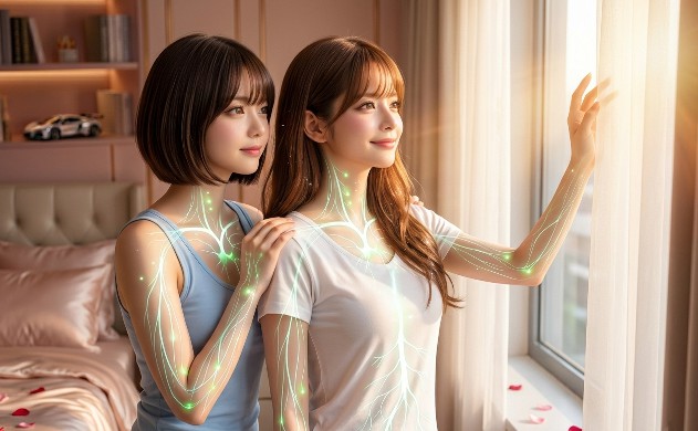 朝日が差し込む窓辺で、窓外を見つめて安らかな笑顔のあいみ。美羽が横に立ち、優しく肩に手を置き一緒に朝日を見つめる。全身の設計図が完全にSync（同期）し再起動した、美しくなる再設計の完了を描いた写真。