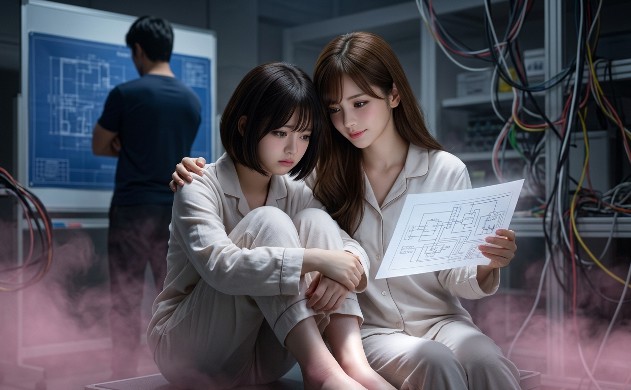 実験室のような部屋で、パジャマ姿の女性(あいみ)が、落ち込んで自分の足を抱える女性(美羽)の肩を抱き寄せ、手元の設計図を見せながら優しく励ましている実写風画像。背景には配線が乱れた装置と、見守る男性の後ろ姿がある。