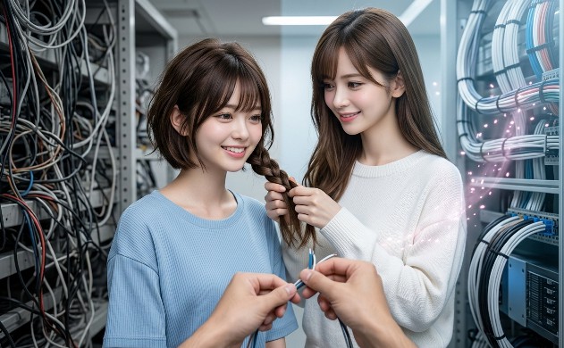サーバーラックのような精密機器の前で、女性(あいみ)がもう一人の女性(美羽)の髪を優しく三つ編みに整えている実写風画像。手前では男性の手が複雑な配線を美しく束ねており、整えられた配線からピンク色の光が漏れ出している。