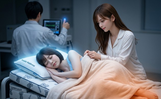 「頭寒足熱」をイメージした寝室で、女性(美羽)がコアラマットレスの枕で安らかに眠り、もう一人の女性(あいみ)が優しく布団をかけている実写風画像。頭部には青い冷却の光、足元にはオレンジ色の温かな光が灯っている。