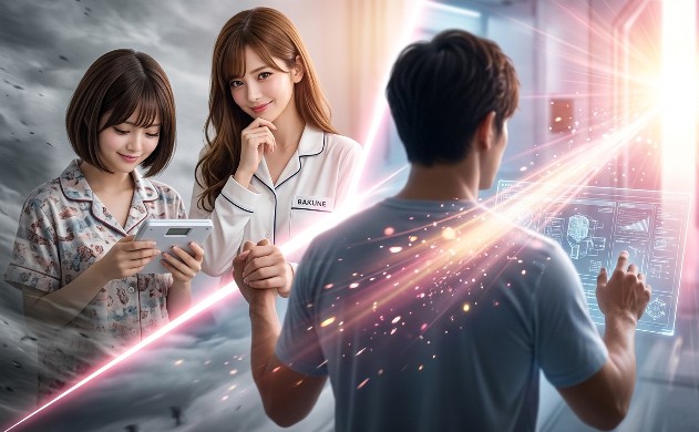 画面が斜めに分割され、左側の暗い嵐のような背景から、右側の光り輝くゲートへと向かうドラマチックな実写風画像。手前では男性がホログラム画面を操作し、パジャマ姿の女性二人が手を取り合って力強く微笑んでいる。