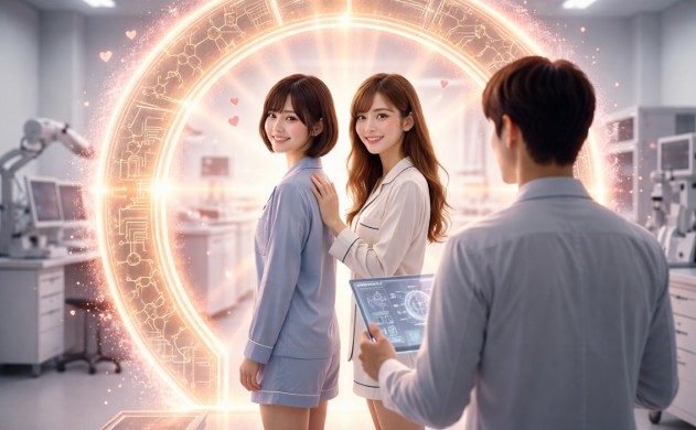 光り輝く円形のゲートの前で、パジャマ姿の女性二人が晴れやかな笑顔で立ち、手前の男性設計者がそれを見守っている実写風画像。周囲には「美しさのゲート」という文字と、愛や科学を象徴する光のアイコンが美しく舞っている。