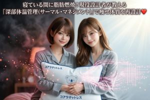 パジャマ姿の女性二人が、コアラのイラストが描かれた枕を抱きしめながら、柔らかな光の中で微笑んでいる実写風画像。背景には設計図や放熱をイメージした光の粒子が舞い、上部には「深部体温管理で痩せ体質を再設計」というタイトル文字がある。