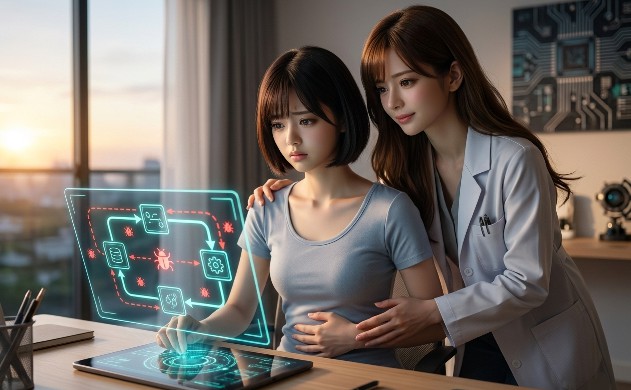 ハイテクなホームオフィスで、白衣を着た「あいみ」が、不安そうな表情の「美羽」の肩を優しく抱き、寄り添っています。二人の前には、ホルモンバランスの乱れを赤いバグアイコンで示した複雑なフィードバック・ループのホログラムが浮かび、痩せない原因がシステムのエラー（バグ）であることを視覚的に解説しているシーン。