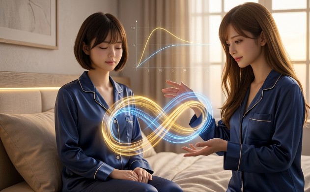 穏やかな寝室で、ネイビーのパジャマを着た「美羽」のお腹の上に、金色のレプチンと青色のグレリンが無限のループを描くように美しく絡み合うエネルギー流のホログラム。隣で「あいみ」が満足げに、食欲がPID制御によって完璧に同期（Sync）している様子を、優雅なジェスチャーで解説している幻想的な写真。