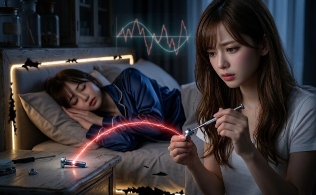 睡眠不足で乱れた寝室の暗い空気感の中、ナイトスタンドにある「緩み止めのネジ」が物理的に緩んでいる様子を、「あいみ」が精密工具を手に真剣な表情で点検しています。緩んだネジから不安定な赤い光が放たれ、背景の制御ホログラムが激しく乱れている、睡眠不足がシステムを狂わせる瞬間を捉えたドラマチックな近接写真。