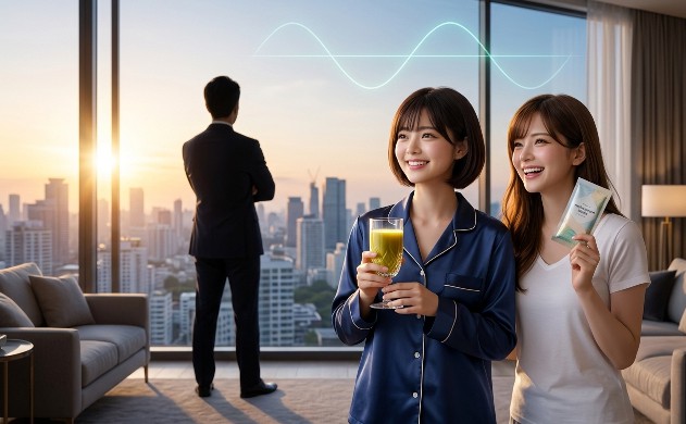 朝日の差し込む開放的なラウンジで、健康的な輝きを取り戻した「美羽」が黄金色の栄養シェイクを手に微笑み、隣で「あいみ」が製品のサシェを誇らしげに掲げています。背景には完璧に安定した波形のホログラムが浮かび、後ろ姿で見守る「佐藤誠」のシルエットが達成感を演出する、未来への希望に満ちた勝利の1枚。