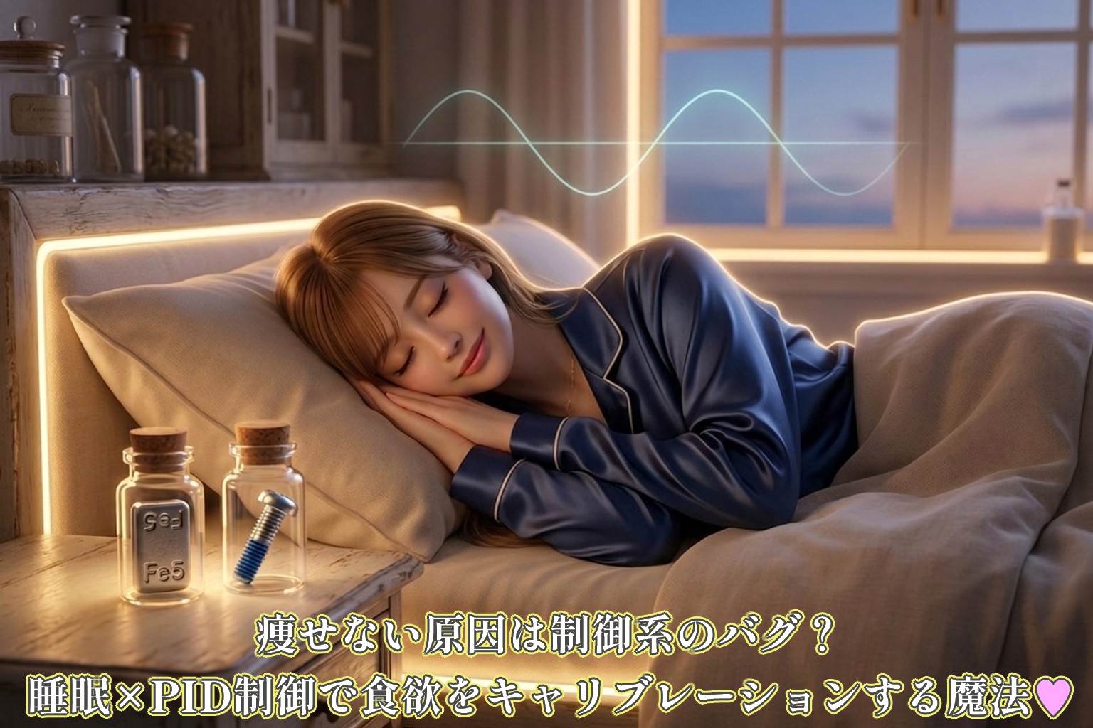 深みのあるネイビーブルーのシルクパジャマを着て、穏やかに微笑みながら眠る女性エンジニア「あいみ」。枕元には「5gの重りと緩み止めのネジ」が入ったガラス瓶があり、背景には心身が整ったことを示す美しい正弦波のホログラムが浮かんでいます。全体が柔らかな光に包まれた、癒やしと精密な制御が融合した光景。