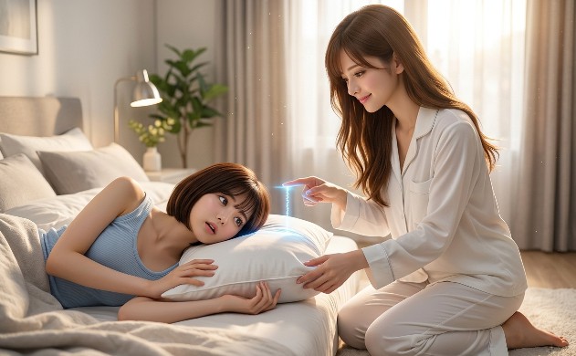 清潔なモダン寝室で、白いパジャマ姿のあいみが、横たわる美羽の枕の高さを指先の光のラインで精密に計測・調整している様子。設計者の視点と慈愛が融合したフィッティングシーン。