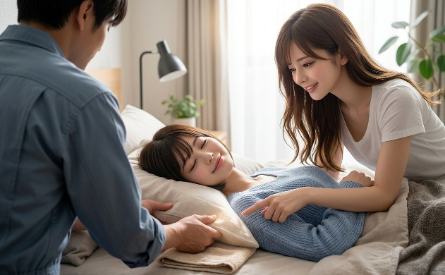 広い肩幅の男性設計者（誠）の後ろ姿が、美羽の枕の下にバスタオルを差し込み高さを現場改修している共同作業。横でアドバイスするあいみと、自分だけの居場所を見つけた美羽の至福の表情。