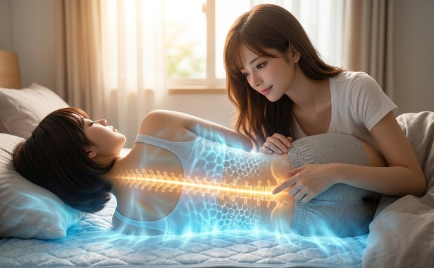 横たわる美羽の身体のラインに沿って、首から腰まで一直線に輝く「黄金の光の軸」。あいみが最後の一点を整え、冷感パッドの青いオーラと体温の温かい光が混ざり合い、代謝が最大化（活性化）している視覚化イメージ。