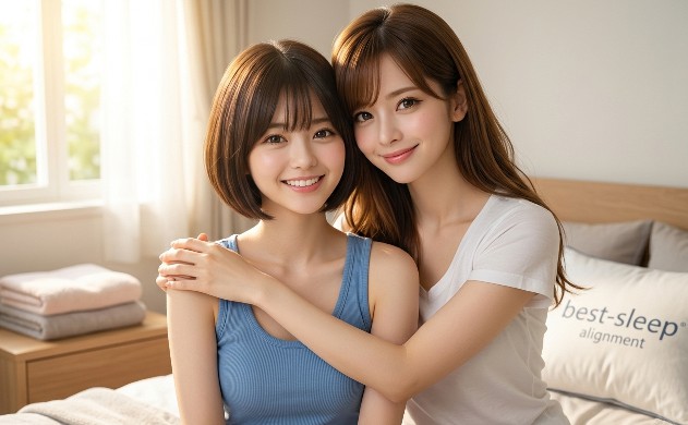 まばゆい朝日の中、スッキリと目覚めて輝きを取り戻した美羽を、あいみが優しく抱き寄せる多幸感あふれるエンディング。使い込まれたバスタオルや整えられた寝具が、自分を慈しんだ証として描かれている。