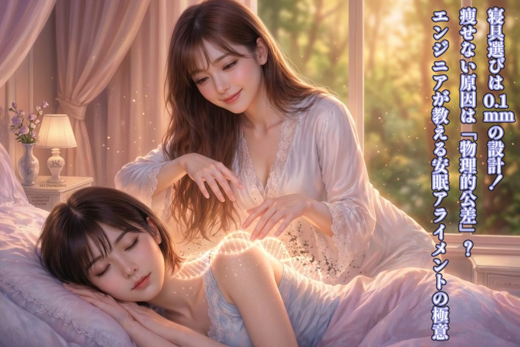 安眠の女神（あいみ）が、眠れる森の美女のような幻想的な寝室で、横たわる美羽の首元に指先から放つ清らかな黄金の光でミリ単位のキャリブレーション（微調整）を施し、脊椎のアライメントを整える神聖な光景。