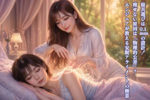 安眠の女神（あいみ）が、眠れる森の美女のような幻想的な寝室で、横たわる美羽の首元に指先から放つ清らかな黄金の光でミリ単位のキャリブレーション（微調整）を施し、脊椎のアライメントを整える神聖な光景。
