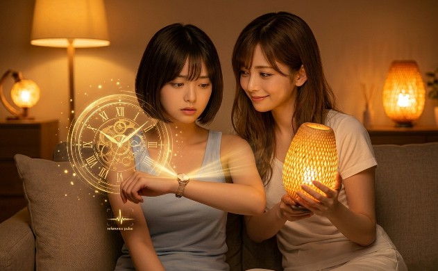 夜のリビングで、自分の手首の時計を不安げに見つめる美羽と、その隣で1800Kの温かいランプを手に持ち、優しく語りかけるあいみ。美羽の瞳には1800Kの光が映り込み、そこから生体リズムが正しく同期（Sync）していく様子を示す黄金色のホログラム時計が浮かび上がっている。