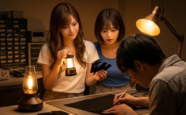 暗い実験室のような寝室で、職人のような執念で「無反射植毛紙」を精密にカットする誠（後ろ姿）。その傍らで、1800Kのランプを掲げて手元を照らすあいみと、カットされたノイズシールドを興味深く見つめる美羽。ブルーライトというノイズを遮断し、純粋な信号を取り出す「設計」の瞬間。