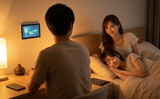 21時、1800Kの落ち着いた照明の中で、スマホを置き、入眠の儀式を整える誠の穏やかな後ろ姿。ベッドの上では、そのルーティーンを真似して、リラックスした表情でタブレットに映る「あいみと美羽」の画像を見つめながら眠りに就こうとする美羽と、それを見守るあいみ。