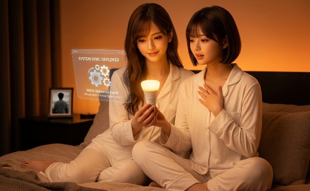 第5章のフィナーレ。1800Kの聖域となった寝室で、スマート電球（Philips Hue）を手に持ち、生体システムの最終同期（デプロイ）を完了させたあいみと美羽。二人の前には「SYSTEM SYNC: DEPLOYED」と記されたホログラムが浮かび、完璧に整った体内時計と代謝システムの最適化を象徴している。