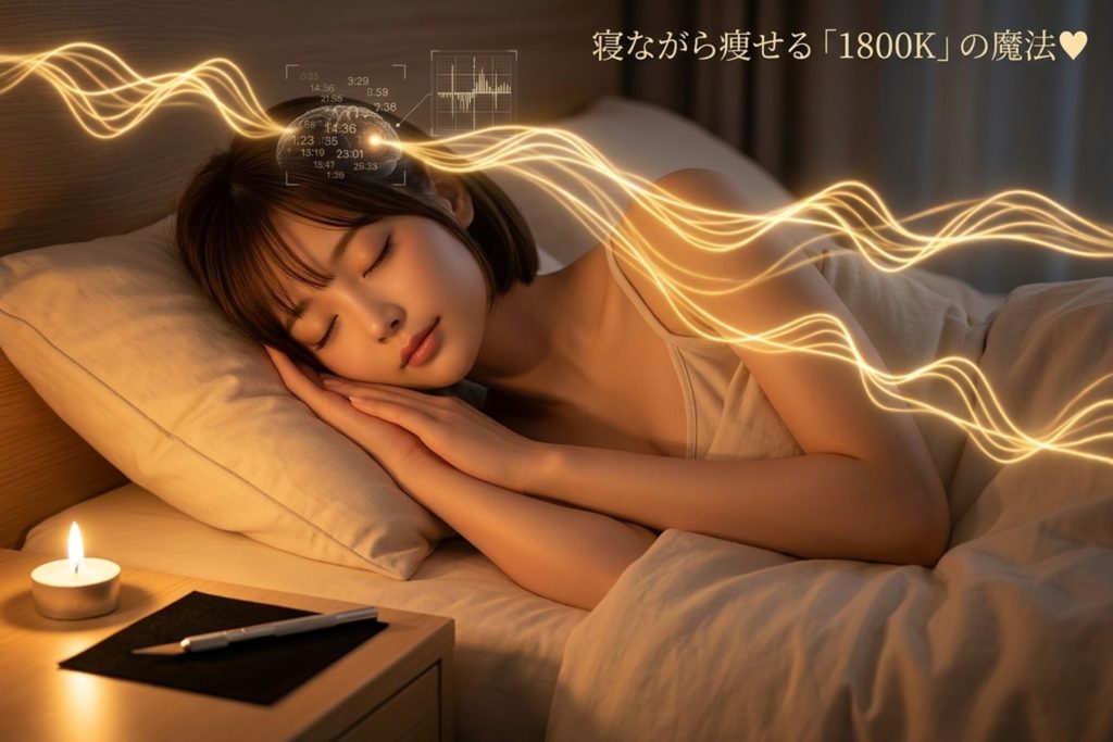 穏やかな寝室で1800Kの琥珀色の光に包まれ、心地よさそうに眠るショートボブの女性（美羽）。彼女の頭部からは生体リズムの同期を象徴する光の波長と、精密な時計の歯車のホログラムが浮かび上がり、右上には「寝ながら痩せる『1800K』の魔法💛」という文字が添えられた、幻想的で工学的な美しさを湛えたアイキャッチ画像。