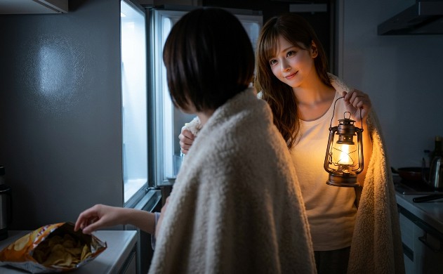 薄暗いキッチンで冷蔵庫の冷たい光(ノイズ)の前に立ち尽くす読者の女性。背後からロングヘアの女性(あいみ)が温かいブランケットを優しくかけ、「自分を責めなくていいよ」という救済のランタンを灯している、包容力に満ちた風景。