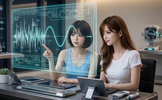 近未来的な作業デスクで、ロングヘアの女性(あいみ)とショートボブの女性(美羽)がホログラムの複雑な回路図(脳の比喩)を見つめている。ギザギザに荒れた波形(低SNR)が滑らかに整っていく様子を、エンジニアの視点で相談し合う、知的で温かいラボの風景。