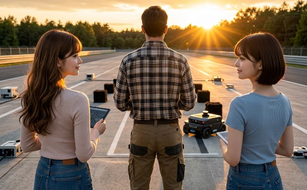 夕暮れのテストコースで、頼もしいチェック柄のシャツを着た設計者(誠)の後ろ姿を見つめる、ロングヘアの女性(あいみ)とショートボブの女性(美羽)の尊敬の眼差し。夕日の眩しい逆光(迷光)の中、ロボット(AMR)だけが黒い植毛紙(ノイズ遮断)を武器に正しくパスを見つけて進んでいる、絆の回想シーン。