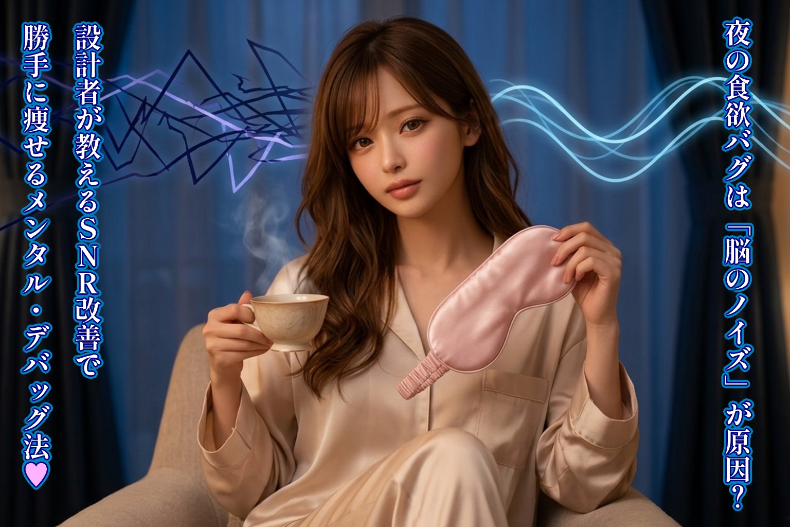 1800Kの琥珀色の光に満ちた寝室で、穏やかに微笑む女性（あいみ）。脳内のストレスや食欲のノイズ（ギザギザな青波形）が、静かなサイン波（SNR改善）に変わっていく、脳のデバッグが完了した安らぎの瞬間。