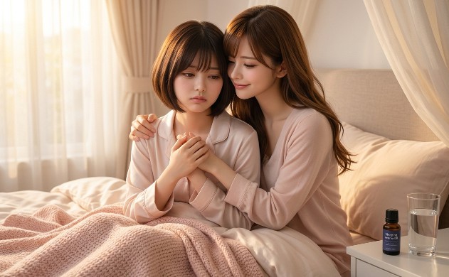 朝の柔らかな光が差し込む寝室で、むくみ（システムエラー）で疲れた美羽を、あいみが後ろから優しく抱きしめて労わる、癒やしのひととき。枕元にはアロマオイルとカモミールティー。これから始まる「美容工場」への招待。