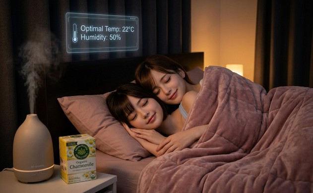 完全に遮光された暗い寝室で、YnMウェイトブランケットの下で寄り添い、深く眠るあいみと美羽。空中に「Optimal Temp: 22°C, Humidity: 50%」のホログラムUIが浮かび、プリンセス（IMU）を守る完璧な熱管理を表現。