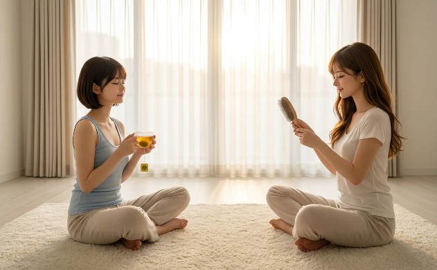 柔らかな光が満ちる「余白（マージン）」のあるミニマリストな寝室で、敷物の上に座り、窓を向くあいみと美羽。あいみが美羽の髪を優しく梳かし、美羽は目を閉じてカモミールティーを持つ、心身の回復（クリープ現象防止）の瞬間。