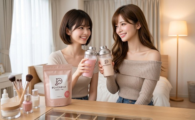 すべてが整った美しい寝室を背景に、化粧台の前で radiant（輝く）健康的な笑顔で「タンパクオトメ」のピンク色シェイクを乾杯するあいみと美羽。タマチャンショップのパッケージも。美容工場の完成と成功。