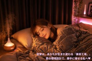 Philips Hueの温かい光に包まれた寝室で、YnMウェイトブランケットを掛け、アットアロマのディフューザーの隣で幸せそうに眠るあいみ。右下の余白に「寝室は、あなたが生まれ変わる『美容工場』。愛の環境設計で、勝手に痩せる私へ♥」の文字。誠くん（AMR視点）が見守る聖域。