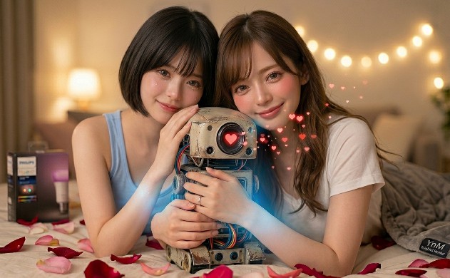 バラのベッドの上で、二人の女性（あいみと美羽）が、長年使い込まれた小型の自律走行ロボットを優しく見守り、撫でている光景。ロボットの瞳からは小さなハートのホログラムが溢れ、頑張りすぎた自分自身（初号機）を慈しみ、ケアすることの大切さを象徴的に描いている。