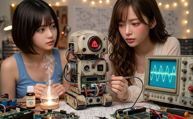 電子工作ベンチの上に置かれた小型ロボットを、二人の女性（あいみと美羽）が真剣な表情でメンテナンスしている様子。オシロスコープには乱れた波形が表示され、ロボットの瞳には警告マークが灯っている。睡眠不足によって代謝が停滞する「システムエラー」の状態を、工学的なデバッグ作業に例えて表現している。