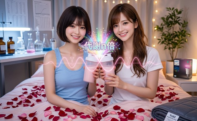 暖かい光に包まれた寝室で、二人の女性（あいみと美羽）が美容プロテインのシェイカーを手に取り、満面の笑みを浮かべている。二人の間には調和を意味する光のサイン波（ピンク色の波形）が流れ、睡眠と栄養補給が完璧に同期（Sync）して、美容効果が最大化される様子を表現している。