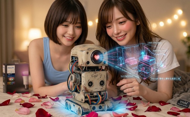 自律走行ロボット（AMR）の視点から見た、美しく整えられた寝室の風景。ロボットから投影された青いホログラムの3Dスキャンデータには、睡眠の質を高める照明や寝具の配置図が浮かび上がり、寝ている間に自動で美容が促進される「美容工場の完成」をシミュレーションしている。