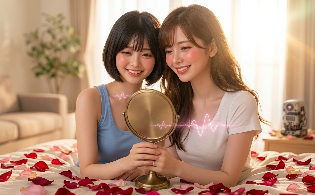 朝の柔らかな光が差し込む中、バラの花びらが散りばめられたベッドの上で、二人の女性（あいみと美羽）が満足げに鏡を覗き込み、晴れやかな笑顔を見せている。夜の間の「環境設計」と「睡眠の同期」によって、美しくアップデートされた自分自身を喜び、前向きな一日を始める瞬間を描いている。