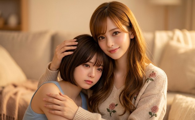 1800Kの温かい光に包まれたリビングのソファ。昨日のむくみを後悔して目を潤ませている「美羽」を、バラの刺繍が入ったニット姿の「あいみ」が愛おしそうに抱きしめ、頭を撫でながら「一緒にゆっくり進もうね」と優しく寄り添っている、母性溢れるシーン。