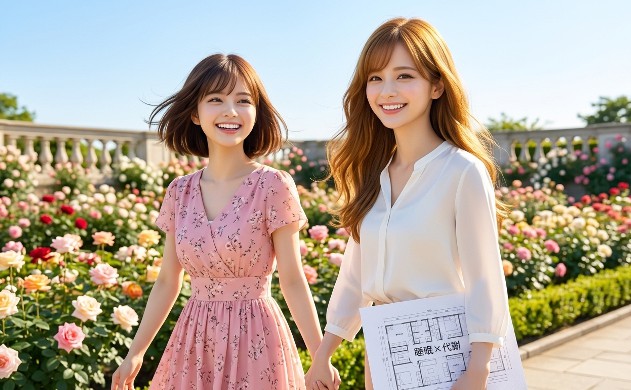 晴れ渡った青空とバラの花園を背景に、真っ白なブラウス姿の「あいみ」とピンクのワンピース姿の「美羽」がしっかりと手を繋ぎ、弾けるような笑顔でこちらに向かって歩き出している。未来への希望と「ずっと一緒だよ」という強い絆を感じさせる、爽やかで美しいフィナーレ。