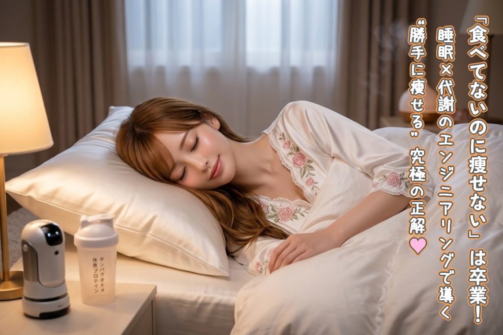 1800Kの柔らかな月明かりが差し込む寝室。蜂蜜色の長い髪の「あいみ」が、バラの刺繍が施された真っ白なシルクのネグリジェを纏い、最高級のシルク枕に頬を寄せ、最高に幸せそうな寝顔で安らかに眠っている、高画質でドラマチックなポートレート画像。枕元のサイドテーブルには、健気に静止しているAMR(自律走行ロボット)と、空になった「タンパクオトメ 休息プロテイン」のシェイカー、そして温かい光を放つベッドサイドランプが、究極の安らぎ空間を演出している♥