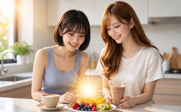 朝のキッチンカウンターで、栄養バランスの取れた色鮮やかなフルーツやスムージーをサーブするあいみと、それを見て驚きと喜びに満ちた笑顔を見せる美羽。食事からエネルギーが溢れる光の演出。