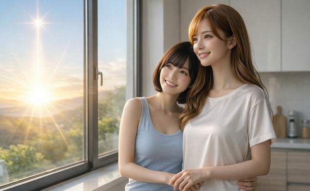 眩しい陽光が差し込む窓辺で、二人の女性が肩を寄せ合い、同じ目線で遠くの輝く一筋の光(太陽)を見つめています。信頼と自信に満ちた表情で、新しい一歩を踏み出す瞬間の景色。